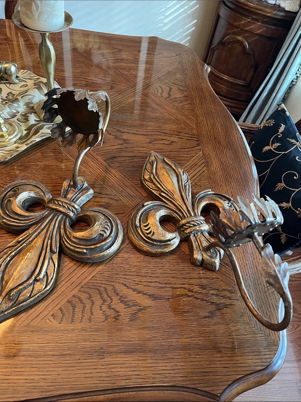 French Atmosphere Gold Fleur-de-Lis Wall Candle Sconces - Pair